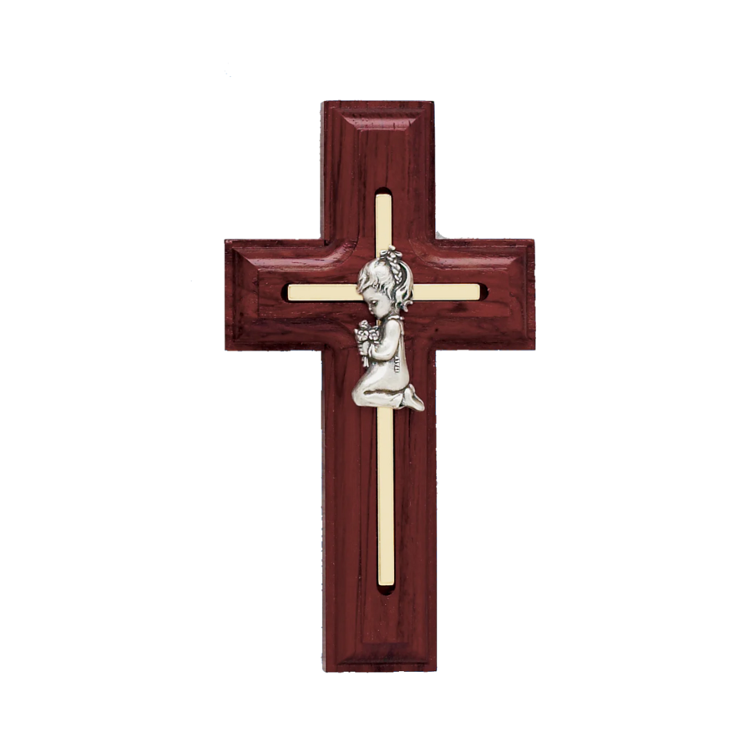 5 Inch Rosewood Cross With Praying Girl 64-17310
