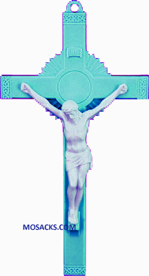 Blue and White 6 Inch Sunburst Plastic Crucifix 185-763BW