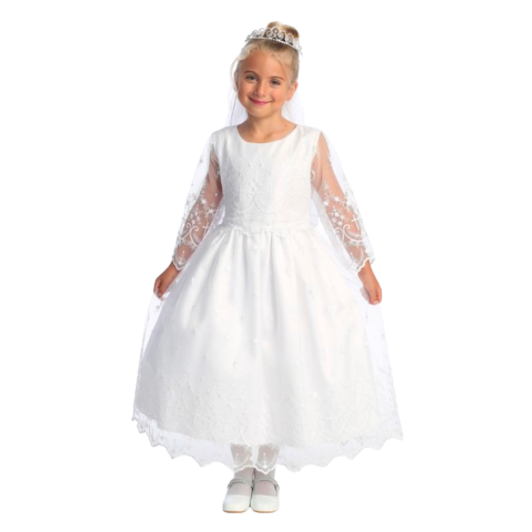 Communion Dress: Embroidered Tulle with Cross Designs (SP211)