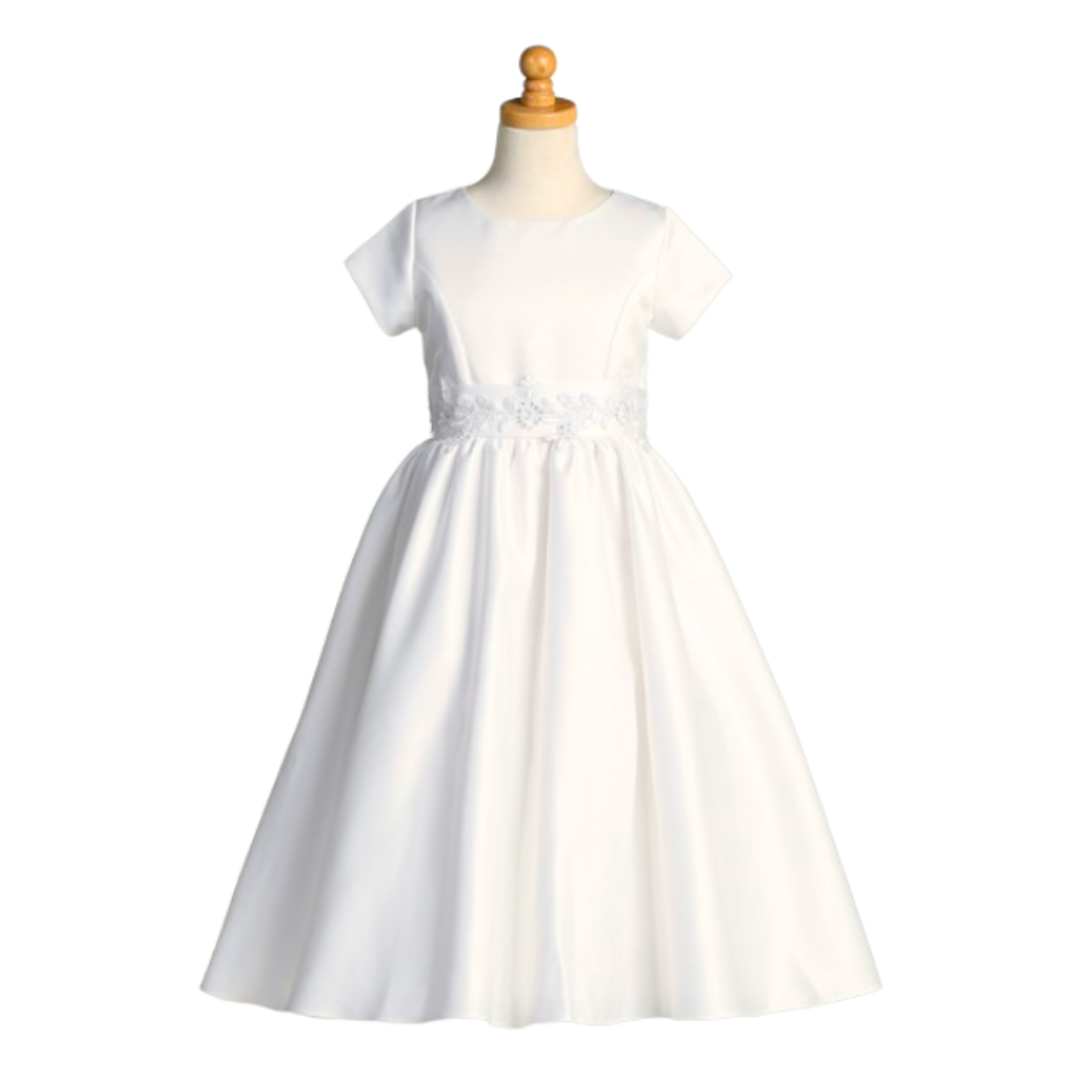 Communion Dress: Satin Dress & Silver Corded Trim (SP185)