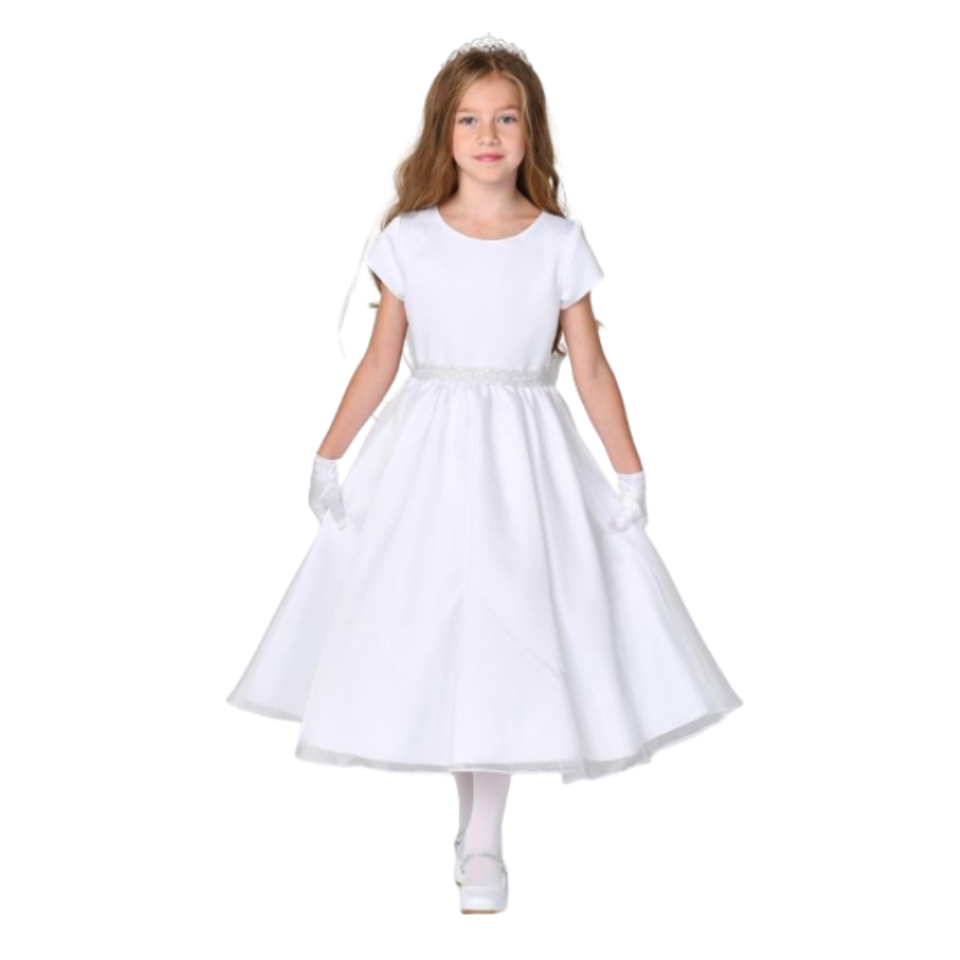 Communion Dress: Satin Bodice & Crystal Organza Skirt