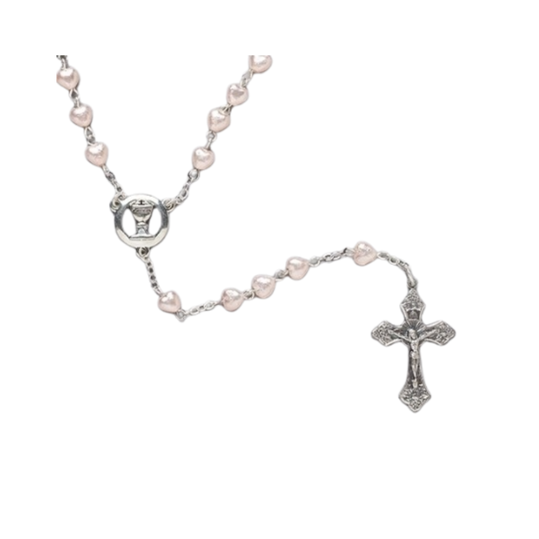 First Communion Heart Shaped Pink Heart Bead Rosary by Roman Inc. is an 18" long rosary with 6mm Heart Shaped Pink Faux Pearl Beads made of Glass  40127 First Communion Pink Heart Rosary-40127