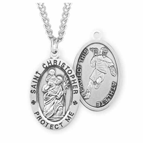 St. Christopher Oval Medal Lacrosse in Sterling Silver, S602024