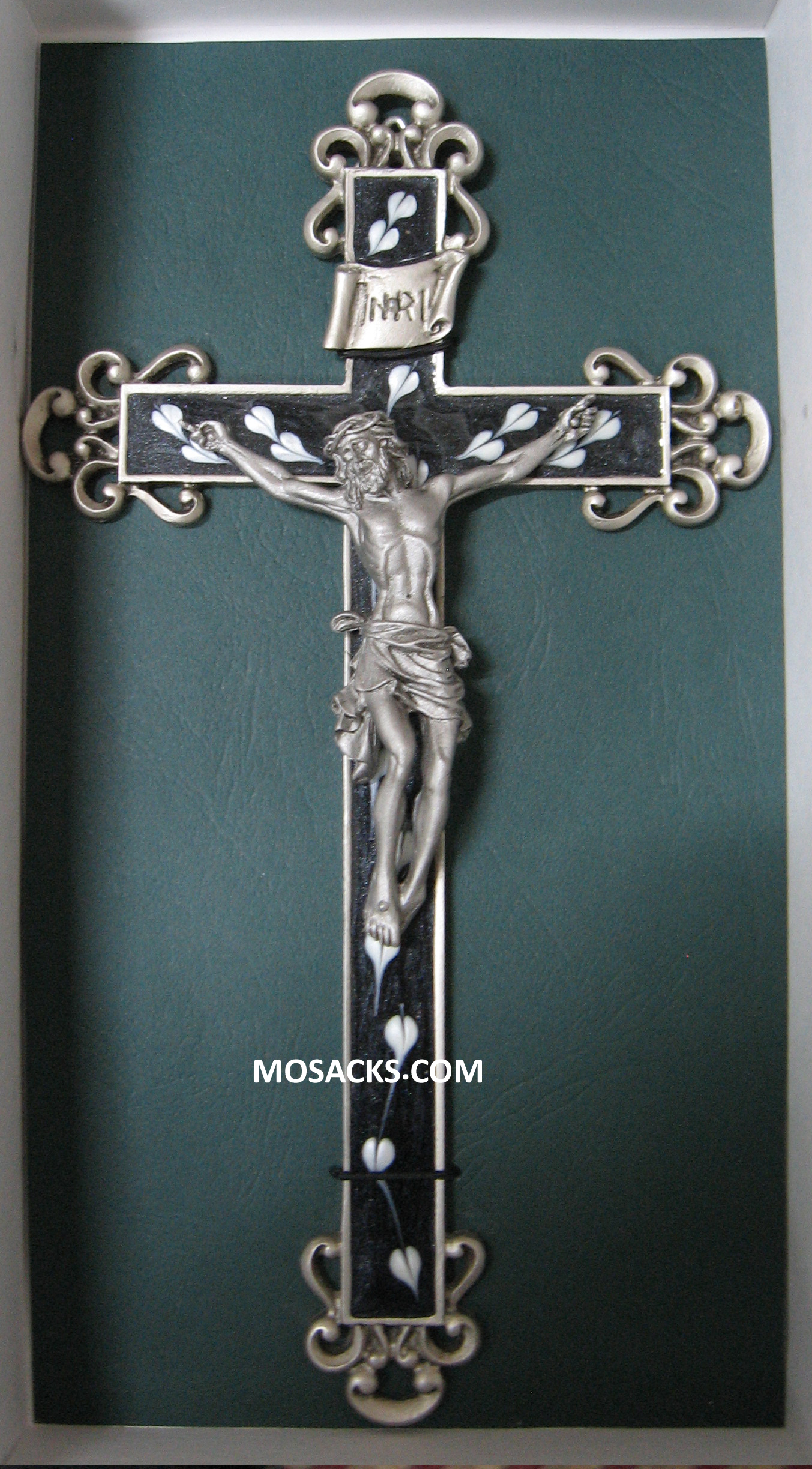 10" Crucifix has a Silver Cross with Filigree ends and a Black Jet Floral Epoxy inlay.  The Silver Corpus complete this 10" Crucifix