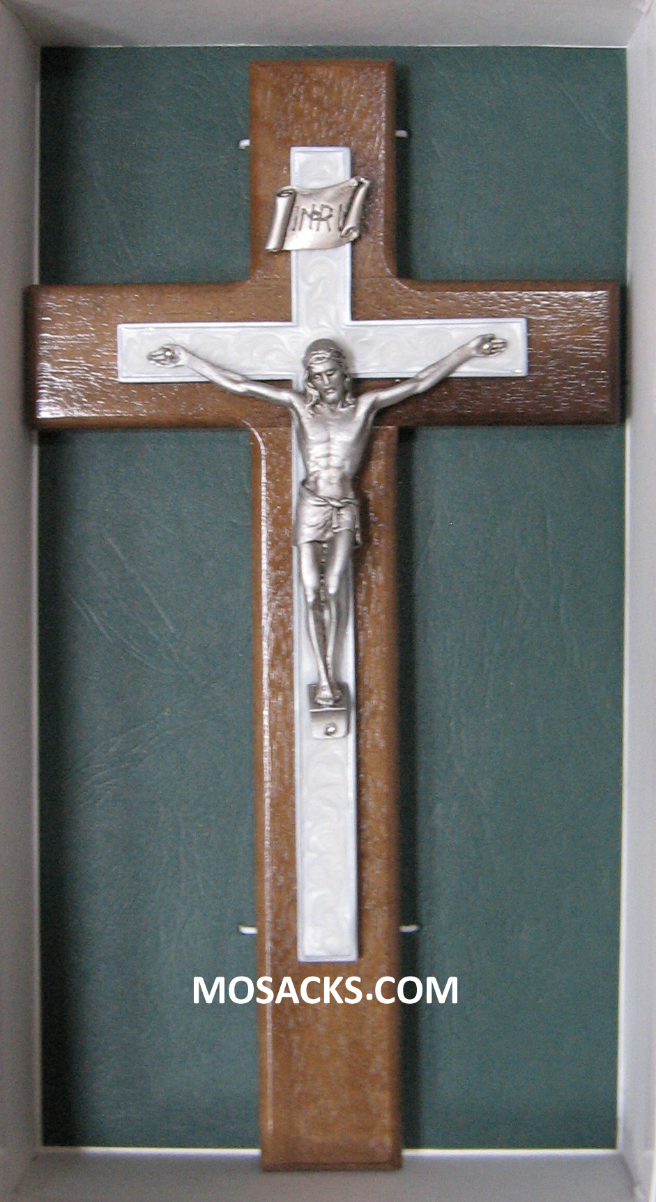 Crucifix 10" Walnut white pearlized epoxy/AntiquePewter Corpus 34-JC7121E
