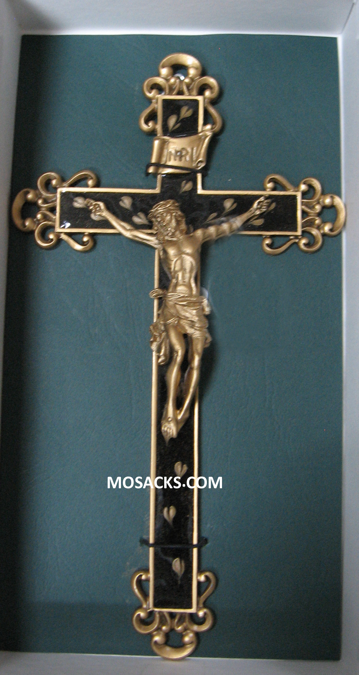 10" Crucifix has a Gold Cross with Filigree ends and a Brown Floral Epoxy inlay.  The Gold Corpus complete this stunning 10" Crucifix JC7071L