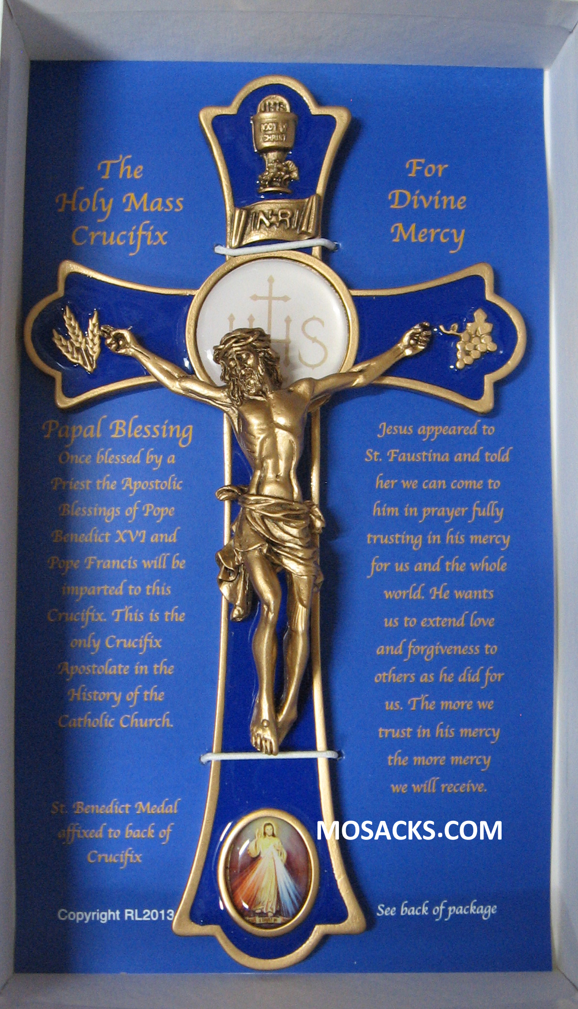 8" Holy Mass Crucifix with Divine Mercy Dome and Blue Epoxy inlay with Gold Finish Corpus-JC3230L is a wall crucifix.