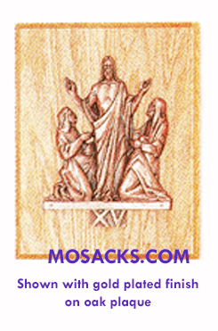 K379-15G Gold Plated Resurrection Station Of The Cross on Wood Plaque