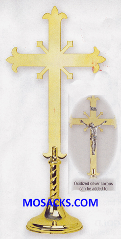 K Brand Ecclesiastical Brass Fleur-de-lis Altar Crucifix (with Corpus) is 28" high with 7" base 14-K1131-C  FREE SHIPPING