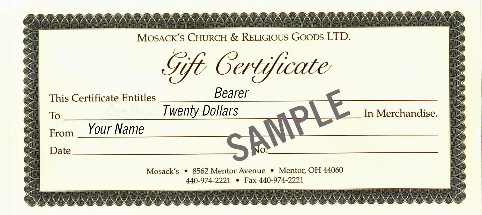 MOSACK'S $20 Gift Certificate