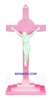 Pink and White 6" Sunburst Plastic Crucifix with Base 185-763PW-B