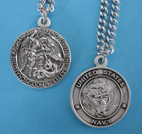 St. Michael Navy Sterling Medal w/24" S Chain