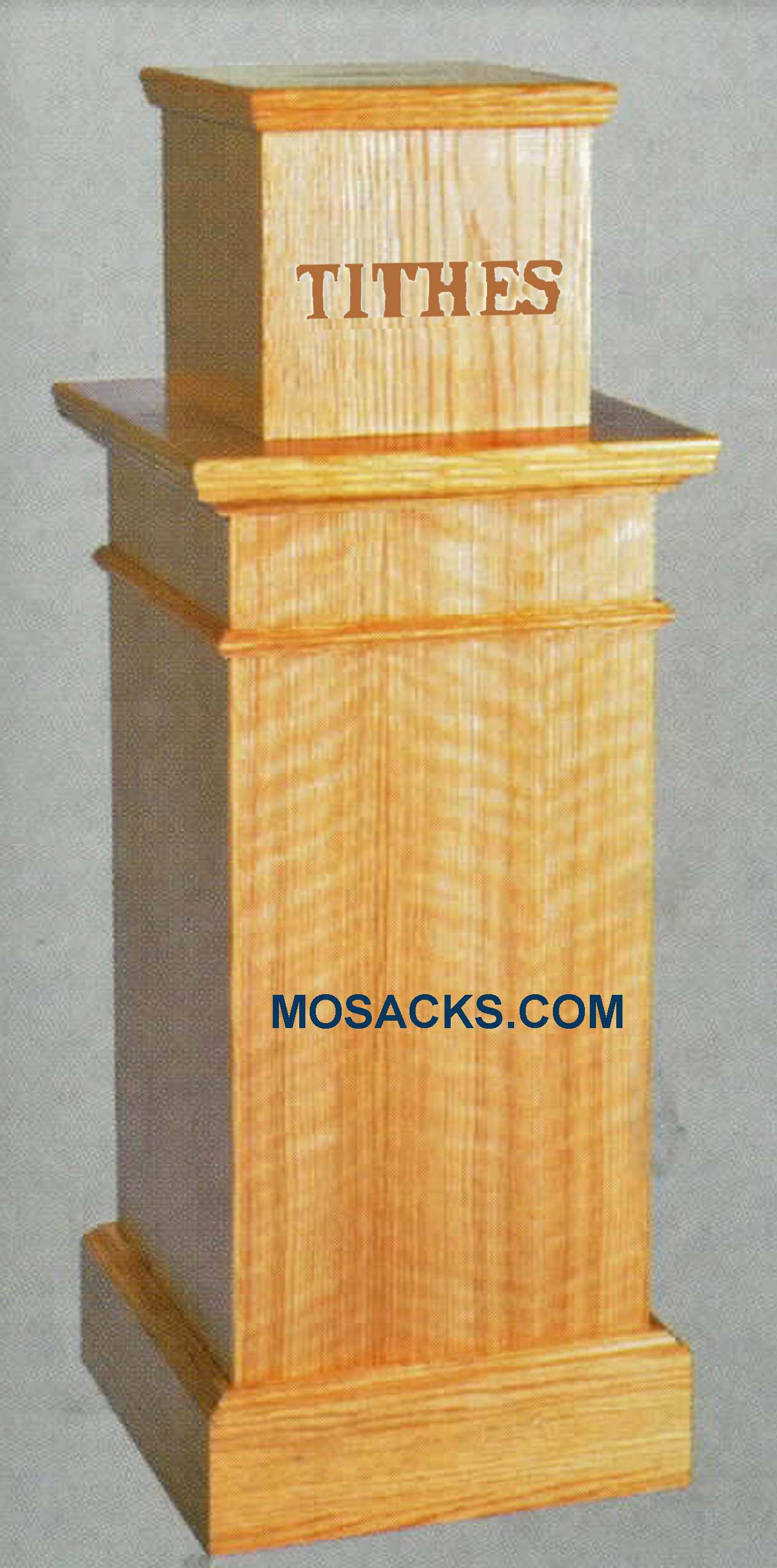 Wooden TITHES  Box with Lettering, without light 16" w x 16" x d x 42" h 40-1161 various wood stains available  lock, door and bag,  TITHES on the front, 1161