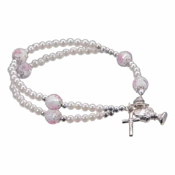 Communion 8mm Faux Pearl Bead Rosary Bracelet with Rosebud beads 12-715