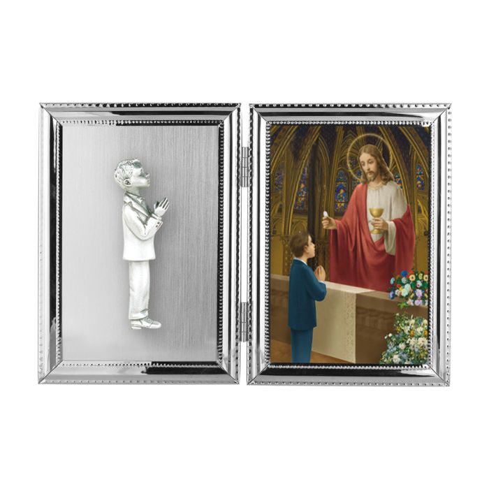 Holy Communion Child Of God 5" x 7" Double Frame Boy 12-2238-82B is a Double Hinged Communion Remembrance Photo Frame.