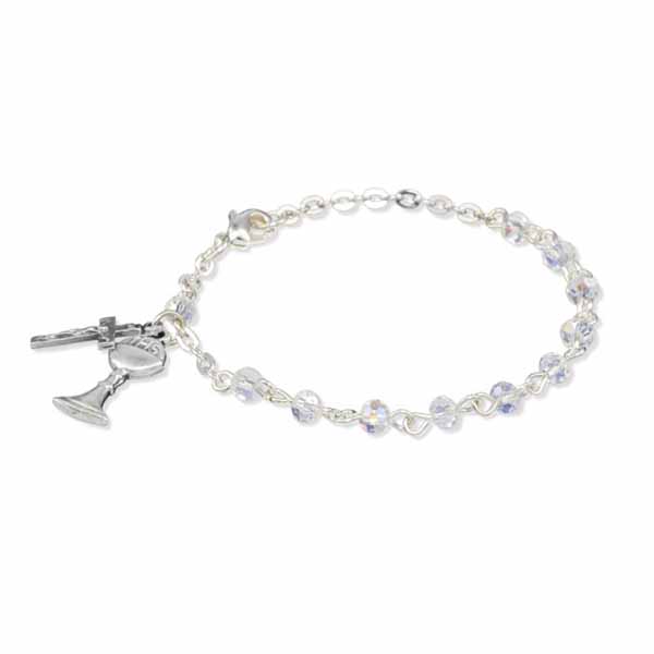 Communion Crystal Aurora Bead 6" Rosary Bracelet 12-C748CR