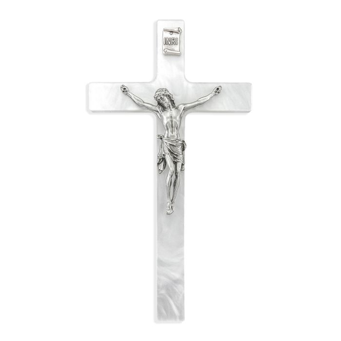 7" White Pearlized Cross with Genuine Pewter Corpus of Jesus is a 7" White Pearlized Crucifix