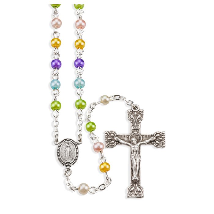 Communion MultiColor Imitation Pearl 17" Rosary 12-254MC